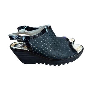 Fly London Yile Wedge Platform Sandals Leather Perforated Black Size 40 US 9-9.5